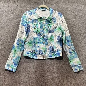 Haris Cotton Button Up Jacket Women Small 100% Linen Blue Floral Watercolors